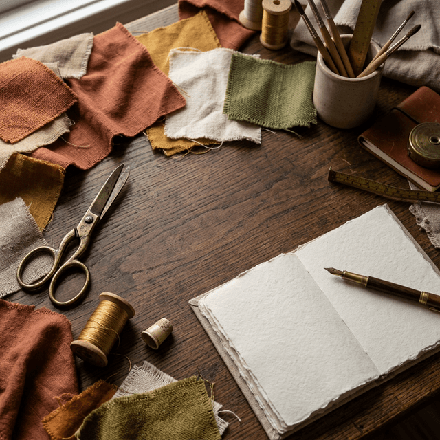 Bureau d'artisan avec tissus et outils