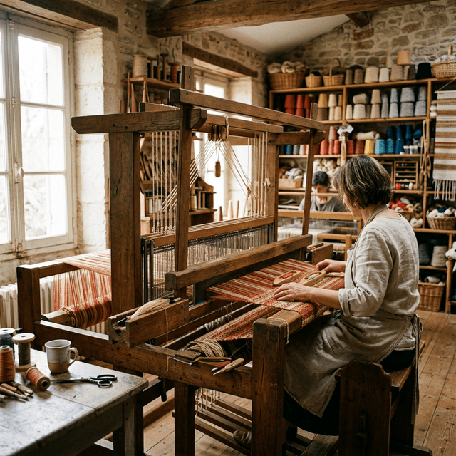 Atelier de tissage artisanal dans le Puy-de-Dôme avec métier à tisser en bois