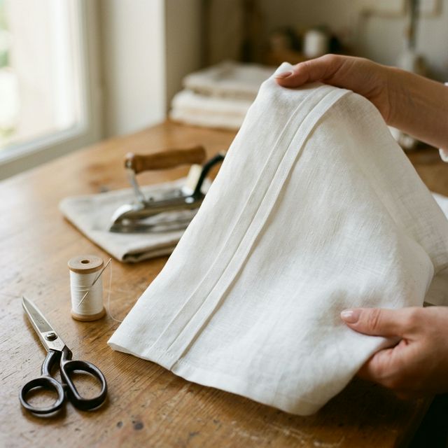 Couture anglaise impeccable sur du lin blanc, montrant la finition encapsulée sans bord brut