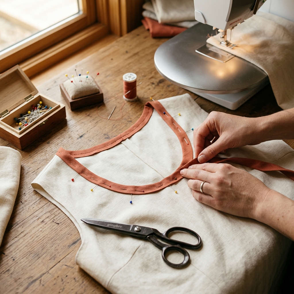 Pose de biais terracotta sur une encolure en lin