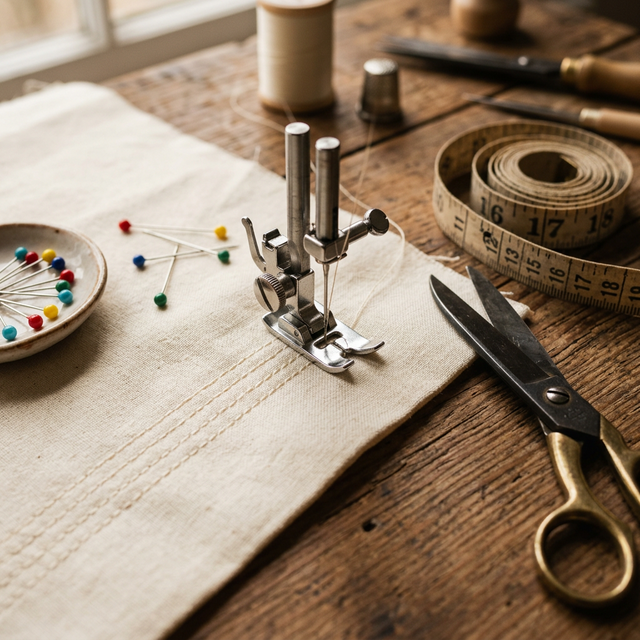 Pied presseur de machine à coudre réalisant une couture droite parfaite sur coton écru