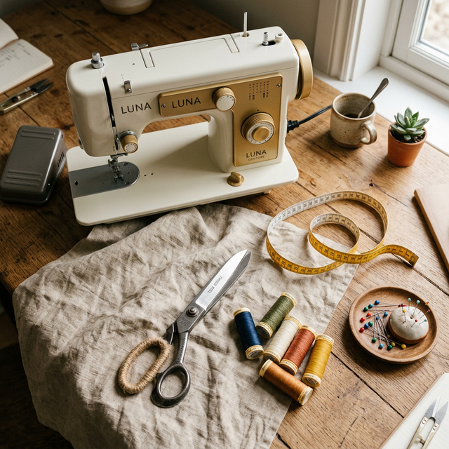 Matériel de couture pour débutant et machine à coudre sur une table vitrail