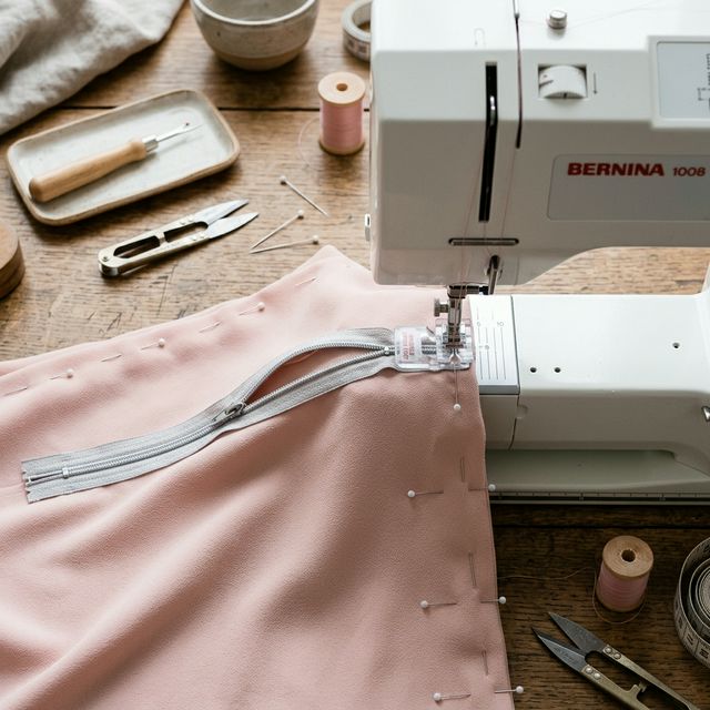 Pose d'une fermeture éclair invisible sur du tissu rose