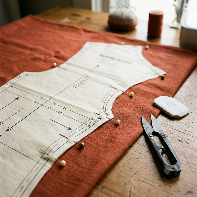 Patron de couture épinglé sur du tissu