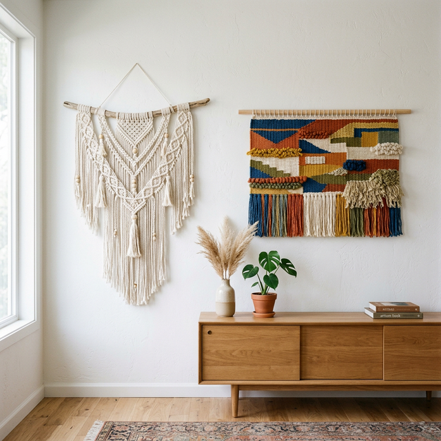 Macramé et tissage mural côte à côte sur un mur blanc