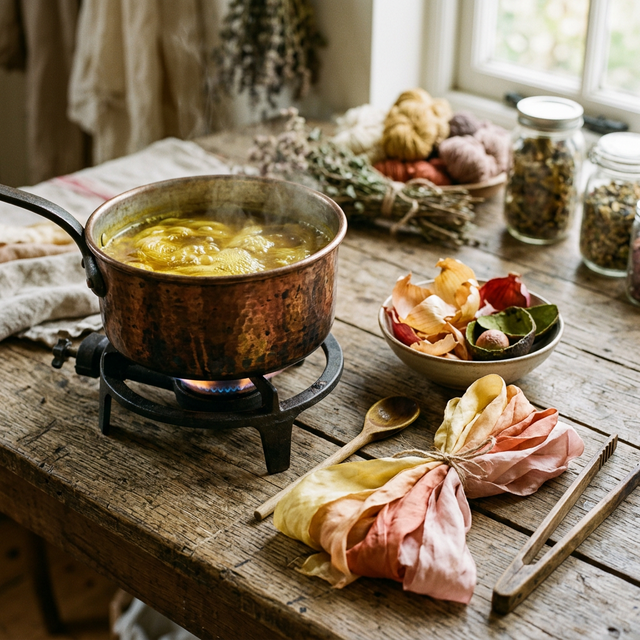 Teinture naturelle dans un pot en cuivre avec des épluchures d'oignon