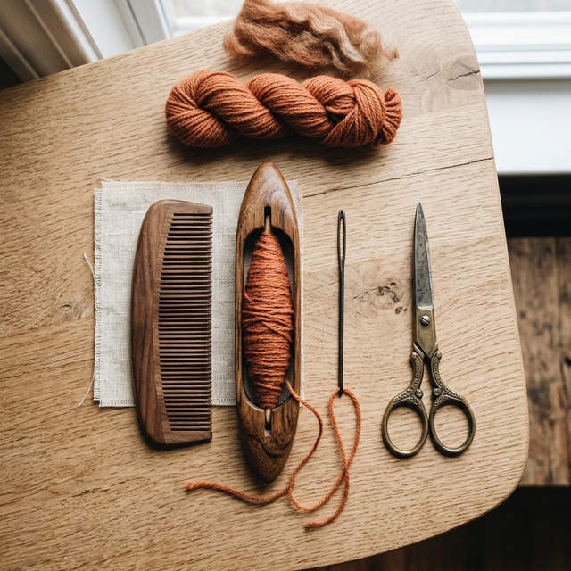 Matériel de tissage : peigne, navette et ciseaux vintage